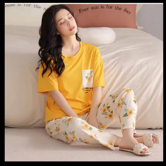 Night Suit in Premium Quality Yellow Flower Printed